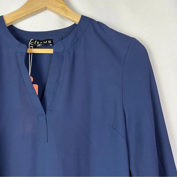 Boutique Citrus Navy Blue V-Neck Roll Tab Long Sleeve Blouse M - Picture 3 of 4